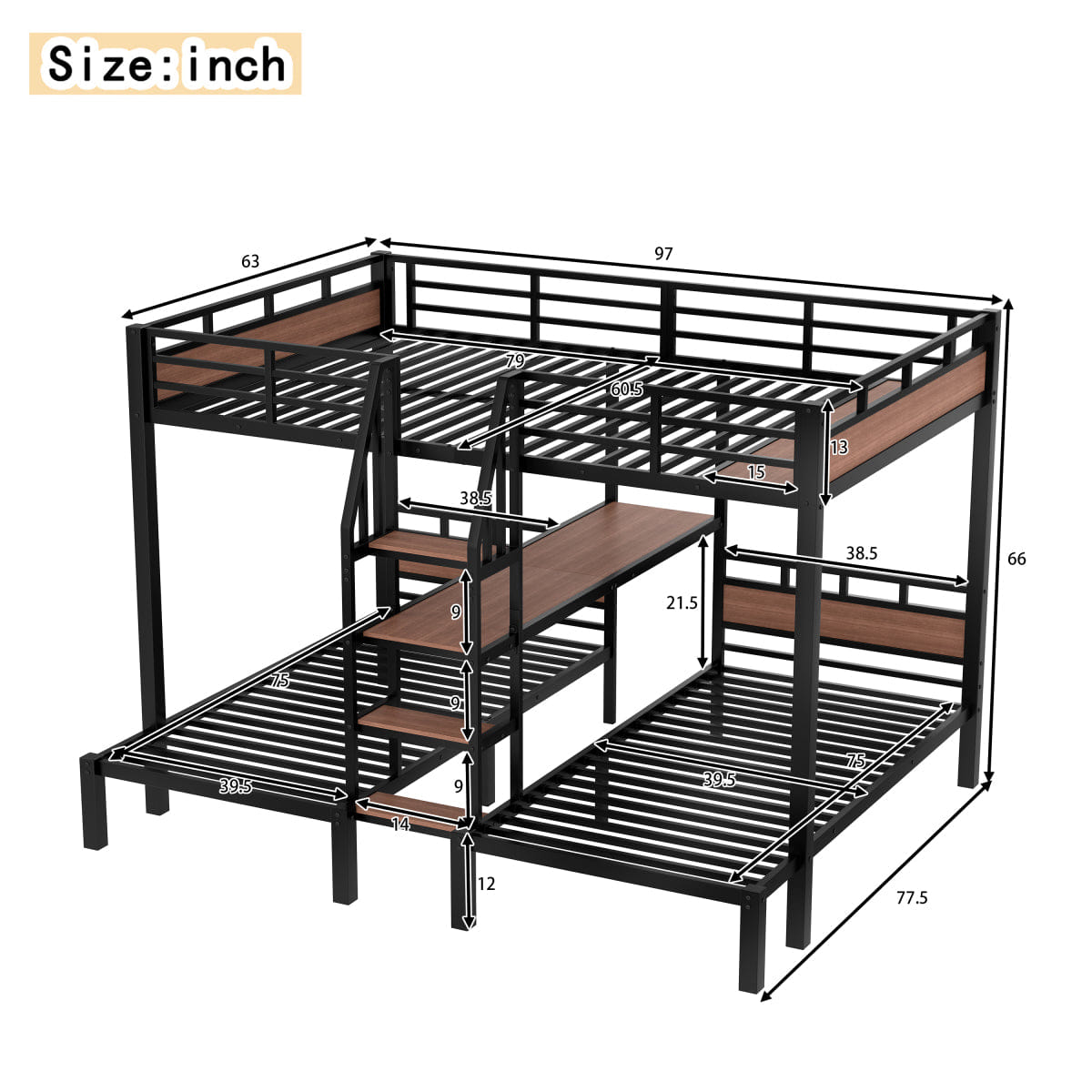 TRIPLE Streamdale Queen/Twin/Twin Triple Metal Bunk Bed with Storage Stairs & Shelves, Black