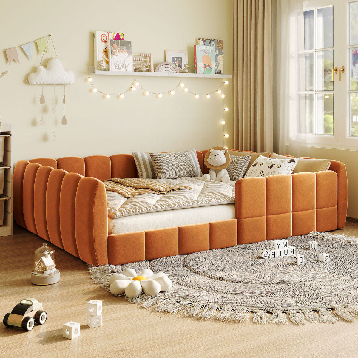 Velvet Streamdale Full Size Velvet Upholstered Floor Bed, Pumpkin Orange