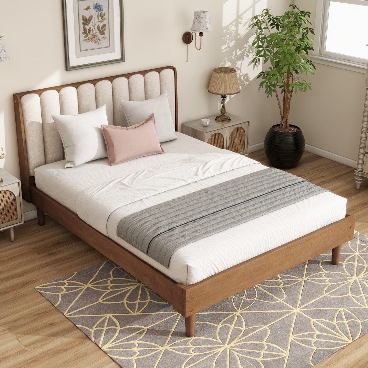 WHEAT Streamdale Queen Size Wood Bed with Piano Key Upholstered Headboard, Wheat