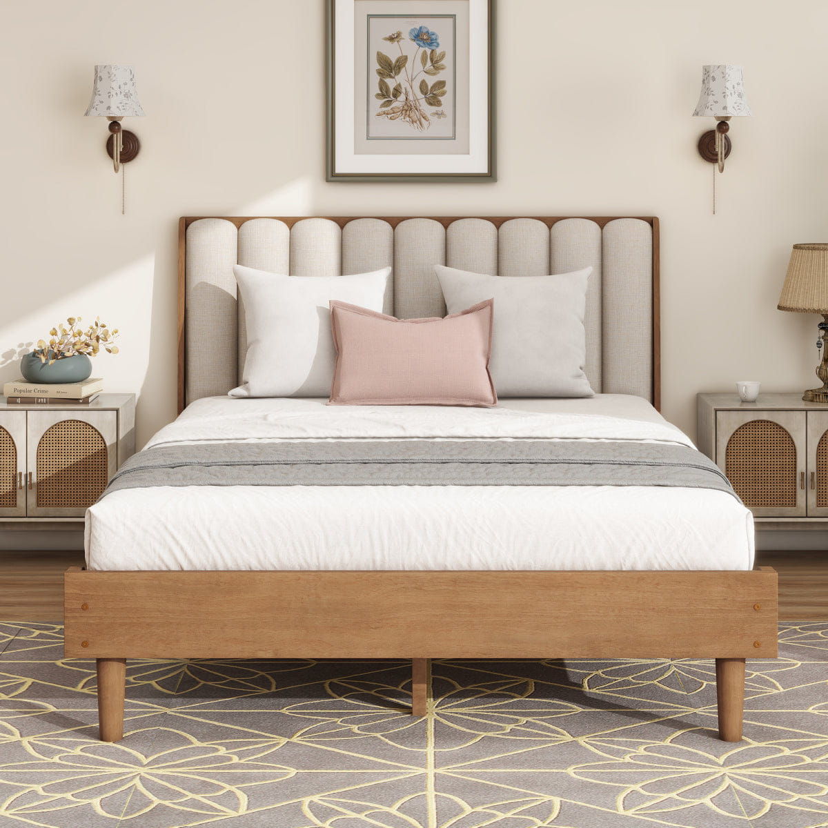 WHEAT Streamdale Queen Size Wood Bed with Piano Key Upholstered Headboard, Wheat