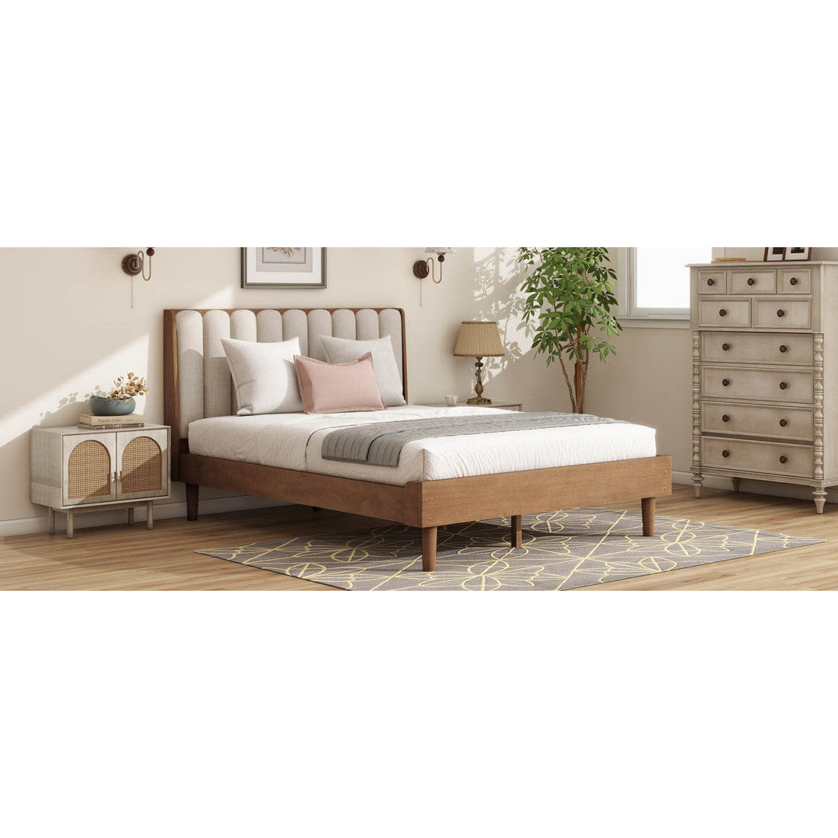 WHEAT Streamdale Queen Size Wood Bed with Piano Key Upholstered Headboard, Wheat