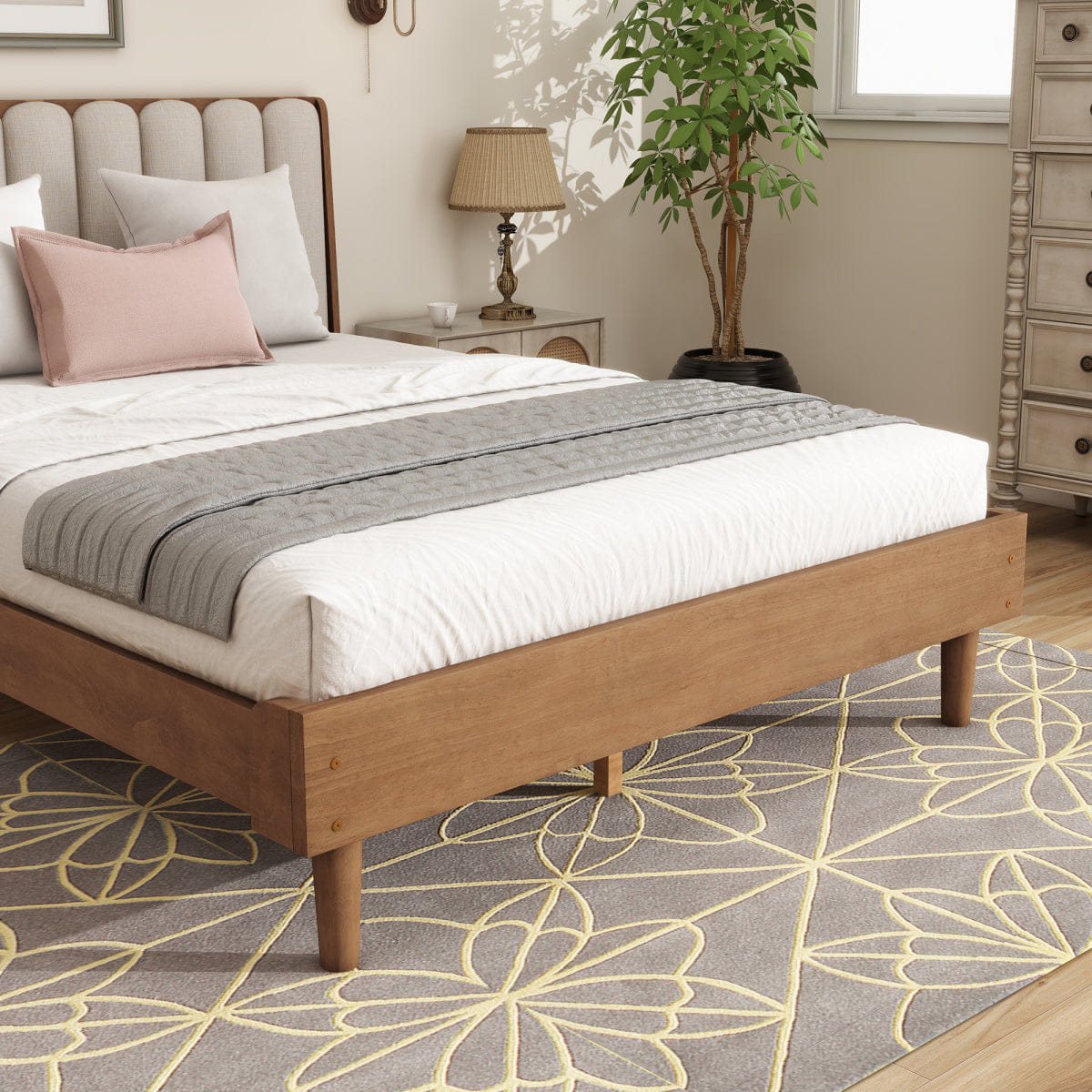 WHEAT Streamdale Queen Size Wood Bed with Piano Key Upholstered Headboard, Wheat
