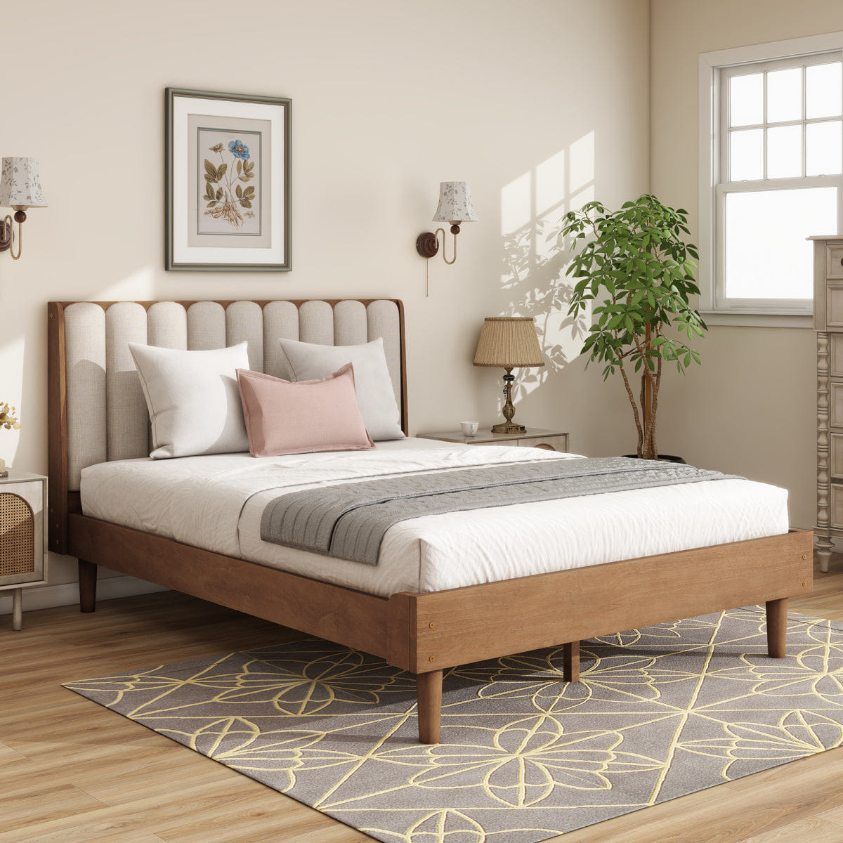 WHEAT Streamdale Queen Size Wood Bed with Piano Key Upholstered Headboard, Wheat