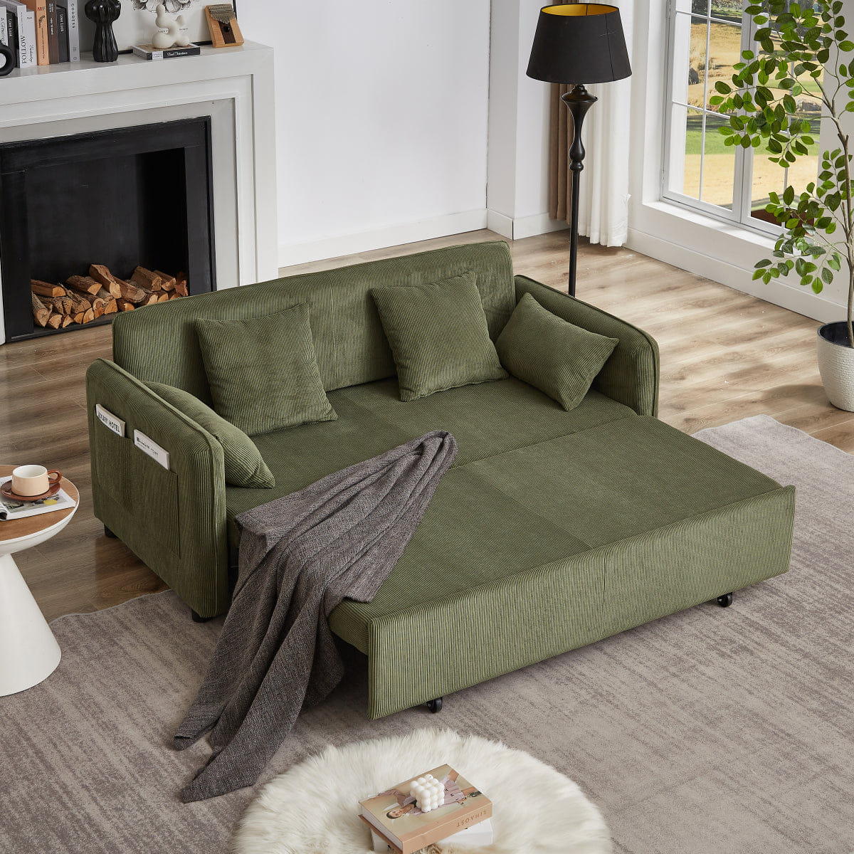 Corduroy Streamdale 66" 3 - in - 1 Corduroy Pullout Sleeper Sofa Bed with Pillows, Green