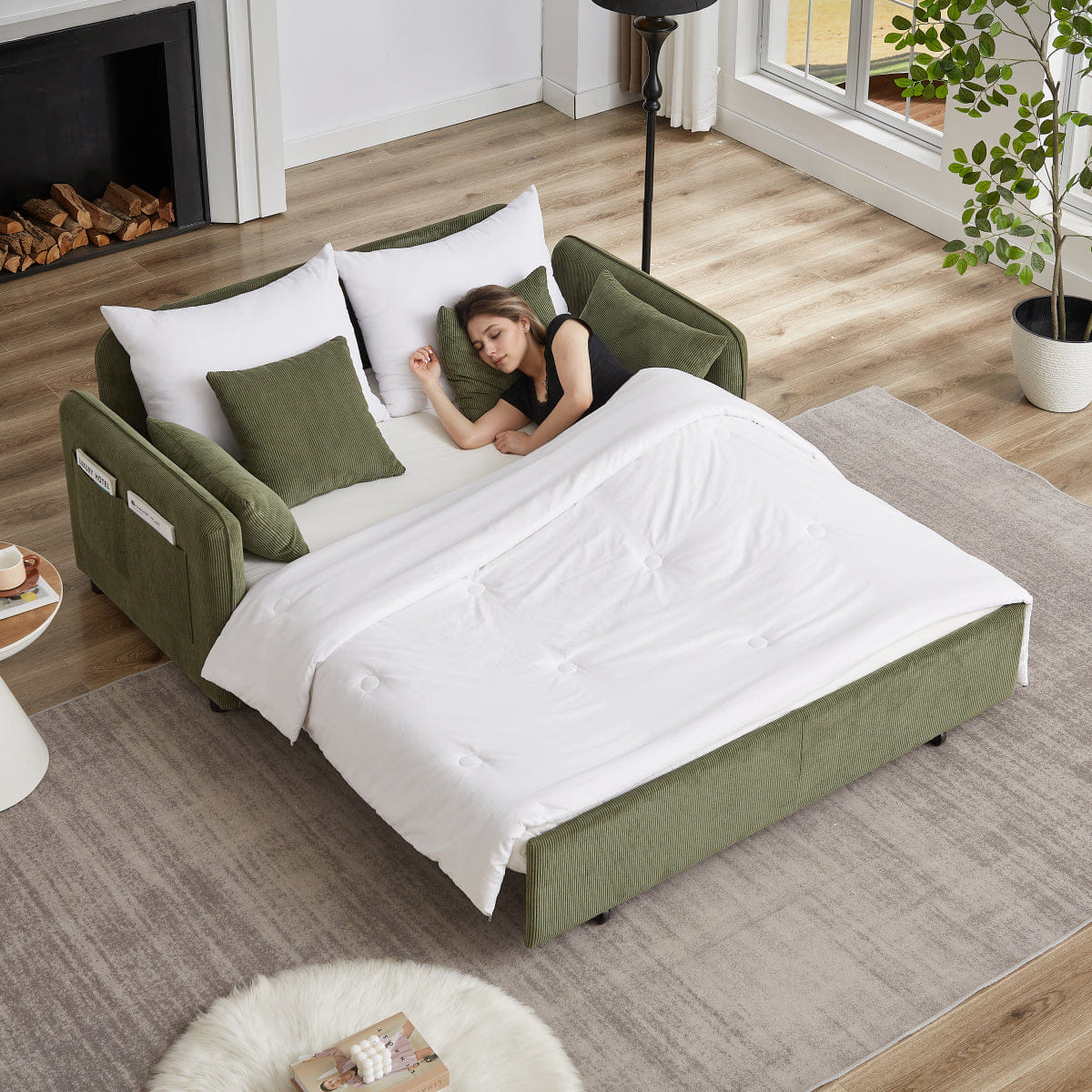 Corduroy Streamdale 66" 3 - in - 1 Corduroy Pullout Sleeper Sofa Bed with Pillows, Green
