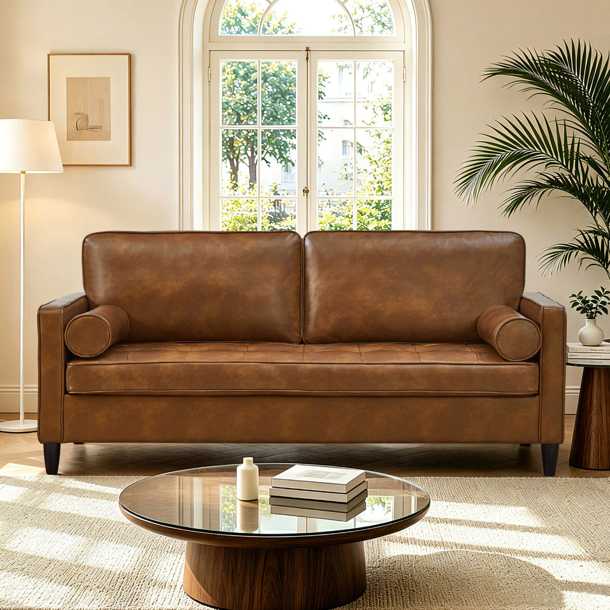 Classic Streamdale Classic Tufted Faux Leather Sofa with Wood Legs, Brown