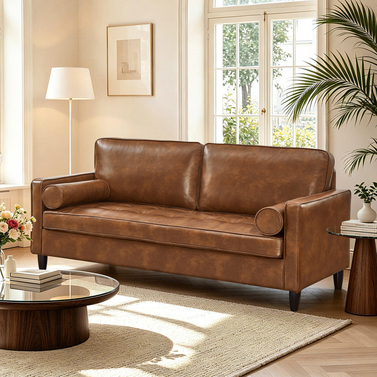 Classic Streamdale Classic Tufted Faux Leather Sofa with Wood Legs, Brown