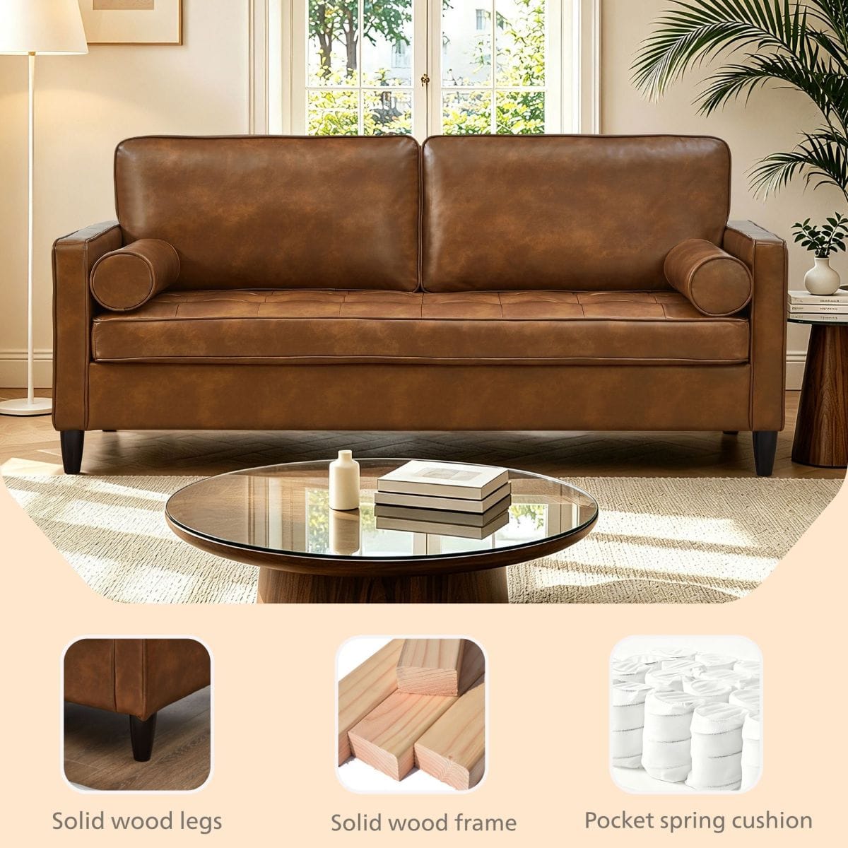 Classic Streamdale Classic Tufted Faux Leather Sofa with Wood Legs, Brown