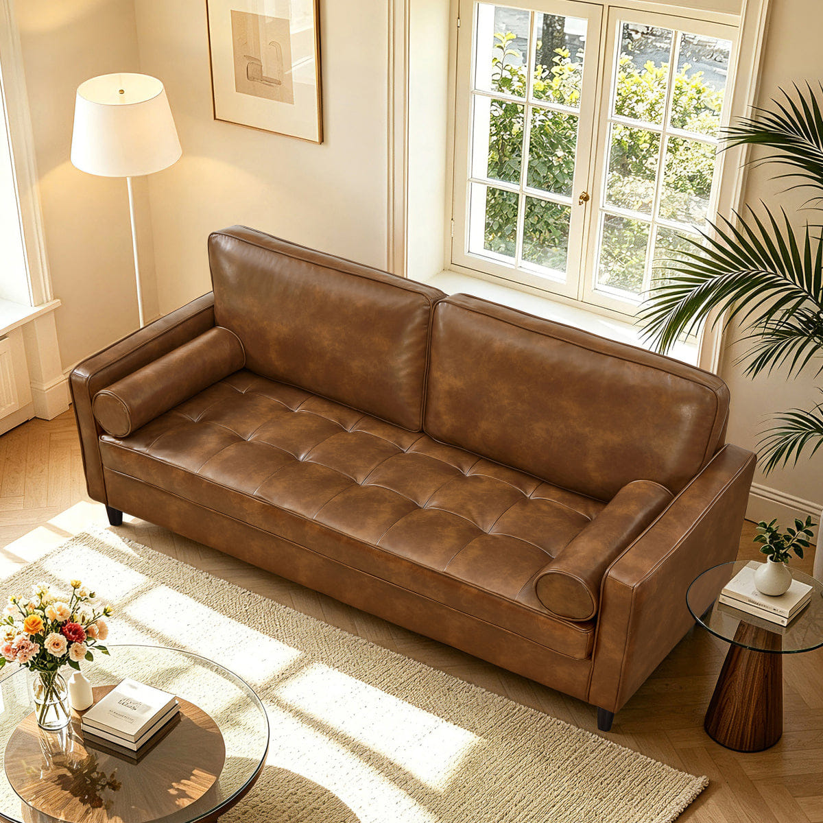 Classic Streamdale Classic Tufted Faux Leather Sofa with Wood Legs, Brown