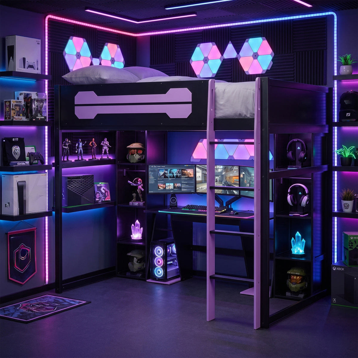 Purple Streamdale Full - Size Wooden Gaming Loft Bed with Desk, Storage, RGB Lights & Wardrobe - Purple