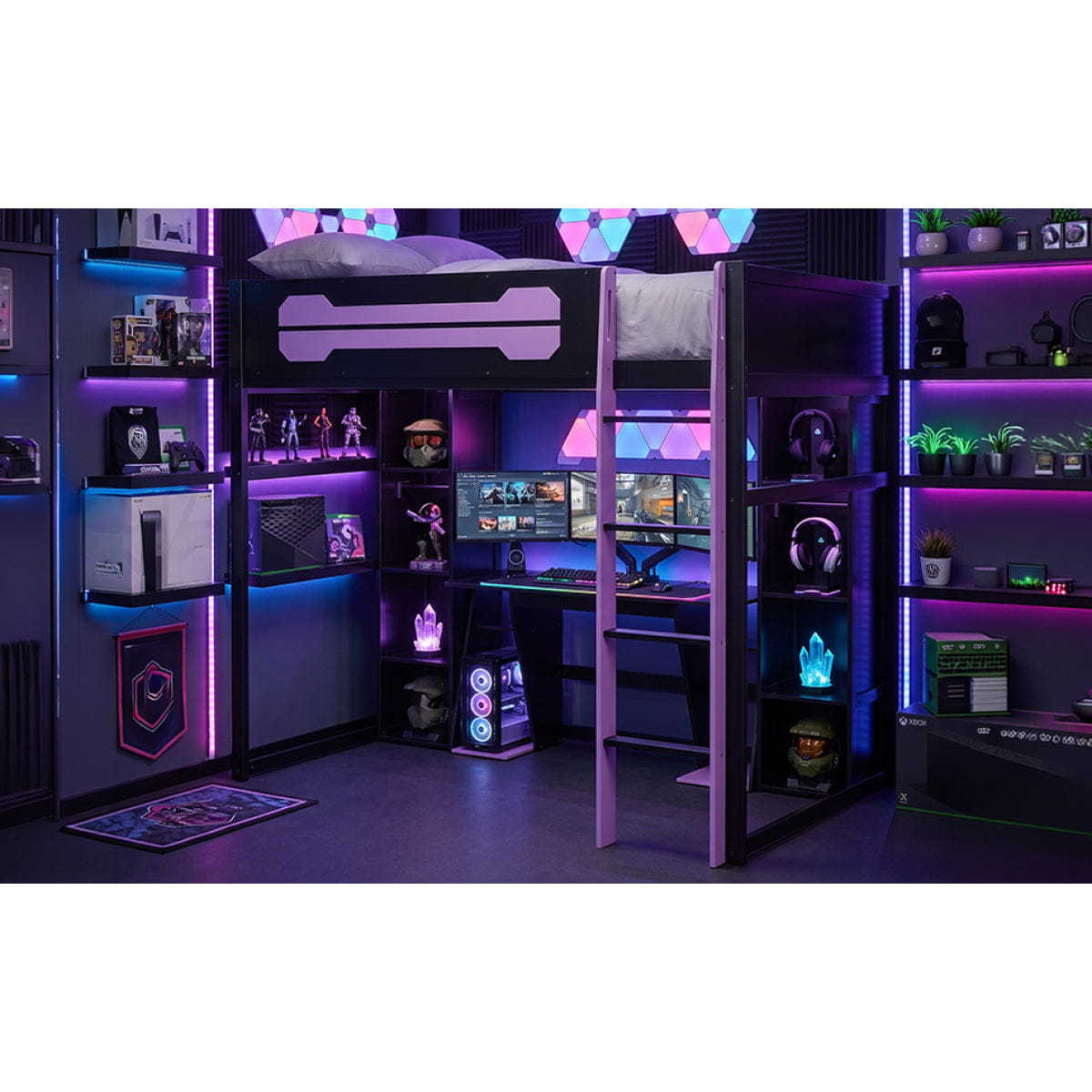 Purple Streamdale Full - Size Wooden Gaming Loft Bed with Desk, Storage, RGB Lights & Wardrobe - Purple