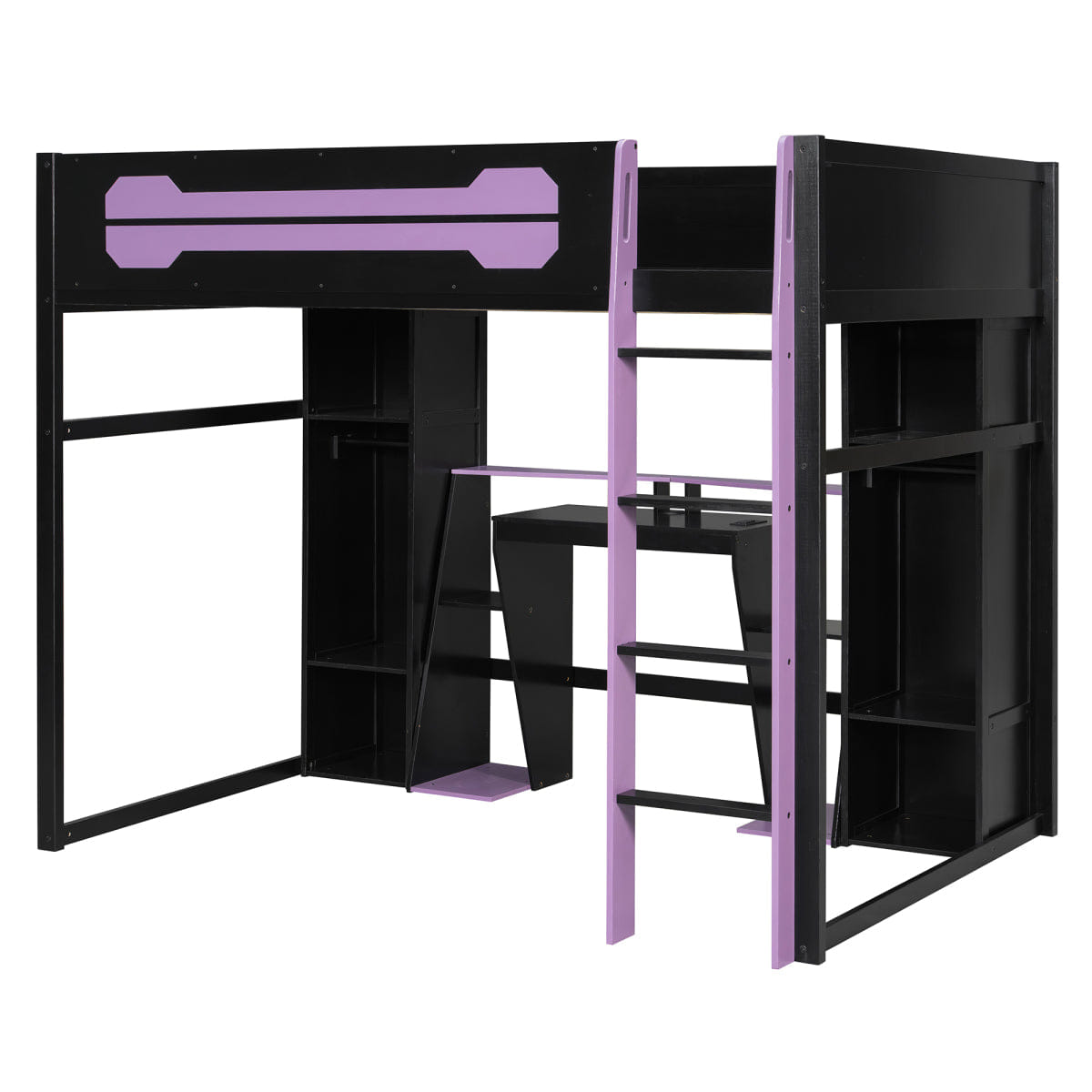 Purple Streamdale Full - Size Wooden Gaming Loft Bed with Desk, Storage, RGB Lights & Wardrobe - Purple