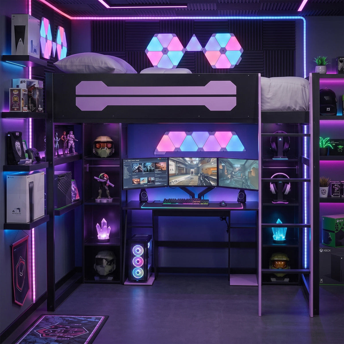 Purple Streamdale Full - Size Wooden Gaming Loft Bed with Desk, Storage, RGB Lights & Wardrobe - Purple