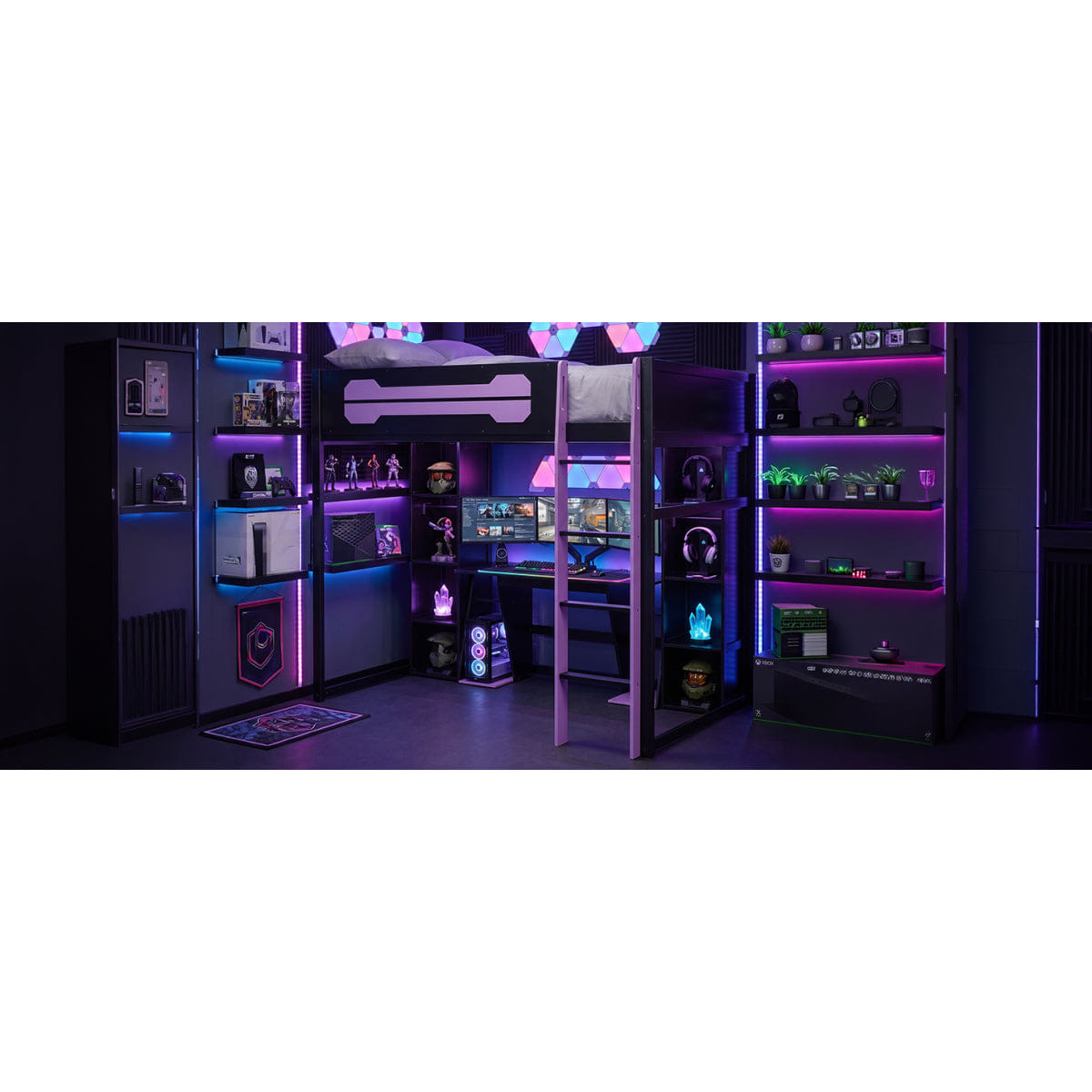 Purple Streamdale Full - Size Wooden Gaming Loft Bed with Desk, Storage, RGB Lights & Wardrobe - Purple