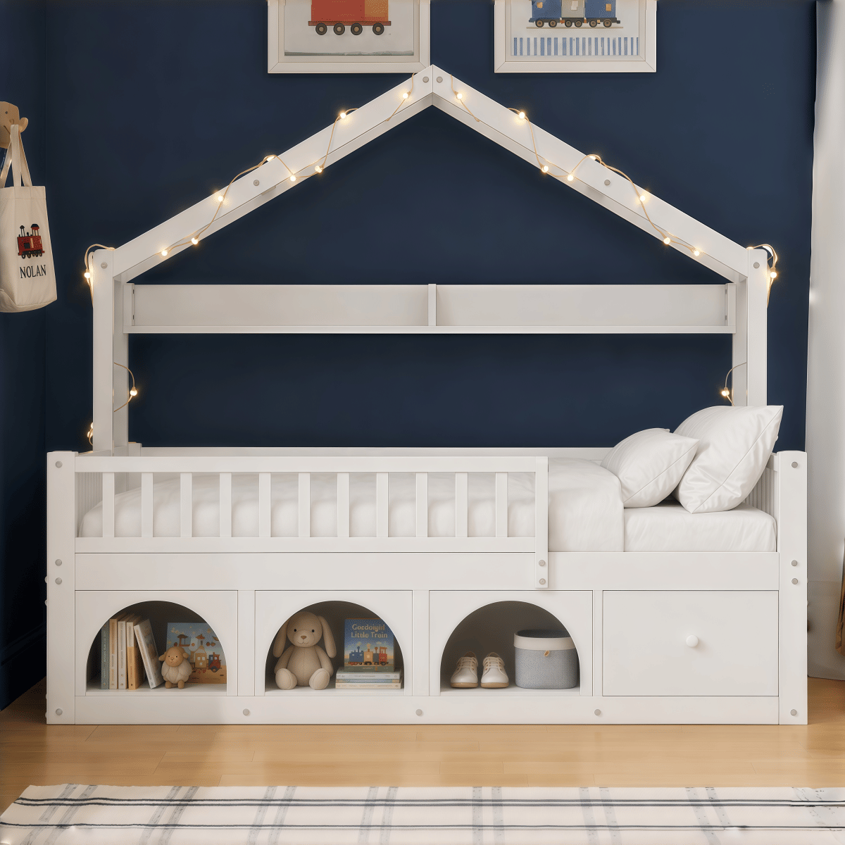 FLOOR Streamdale Kids Montessori Floor Twin Bed with Roof, LED Lights, Drawers, and Guardrails