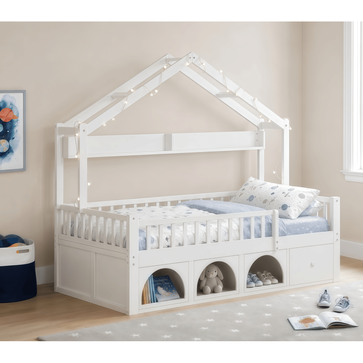 FLOOR Streamdale Kids Montessori Floor Twin Bed with Roof, LED Lights, Drawers, and Guardrails