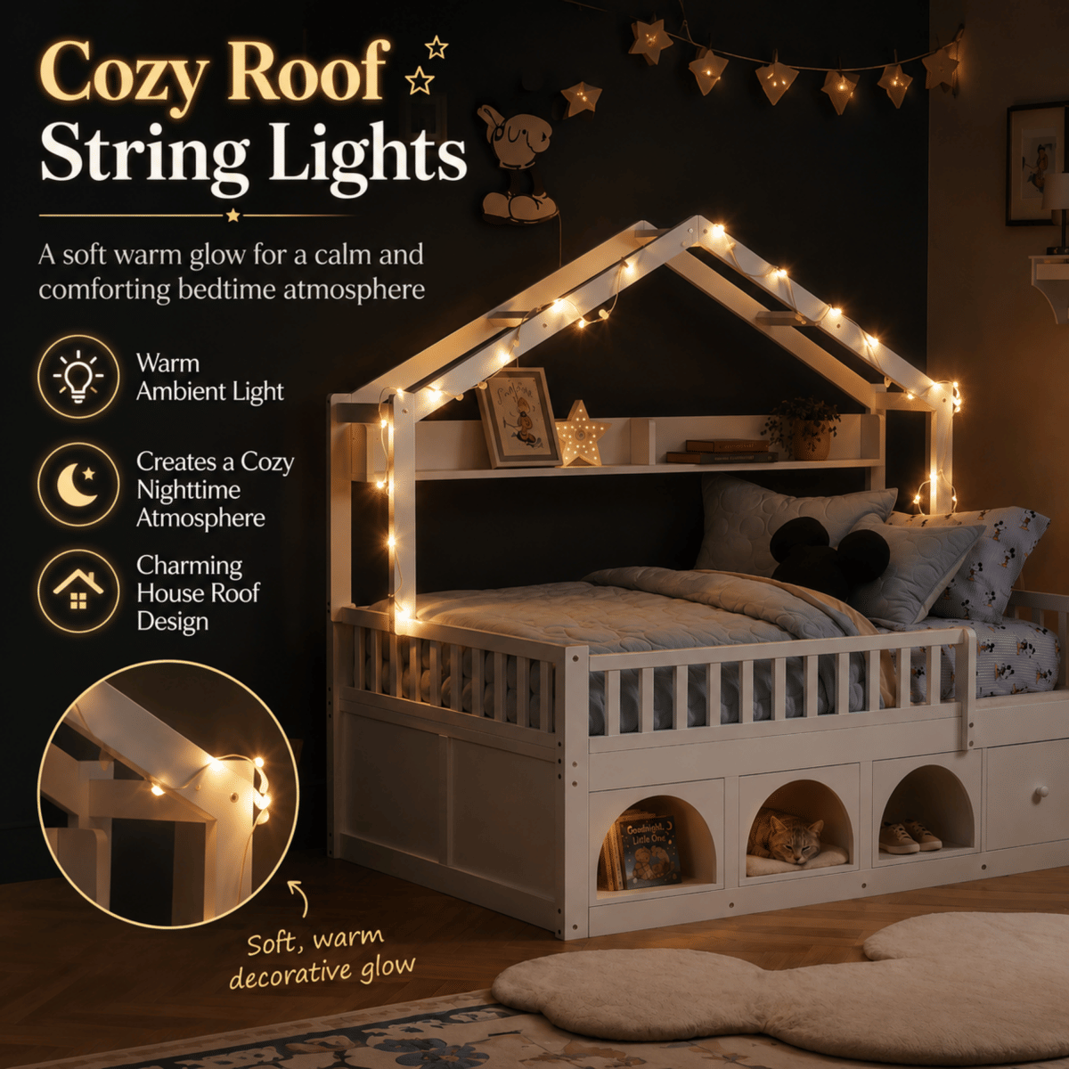 FLOOR Streamdale Kids Montessori Floor Twin Bed with Roof, LED Lights, Drawers, and Guardrails