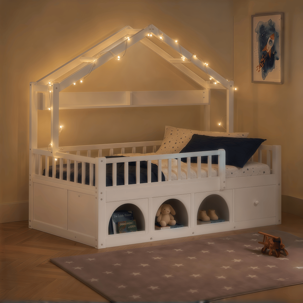 FLOOR Streamdale Kids Montessori Floor Twin Bed with Roof, LED Lights, Drawers, and Guardrails