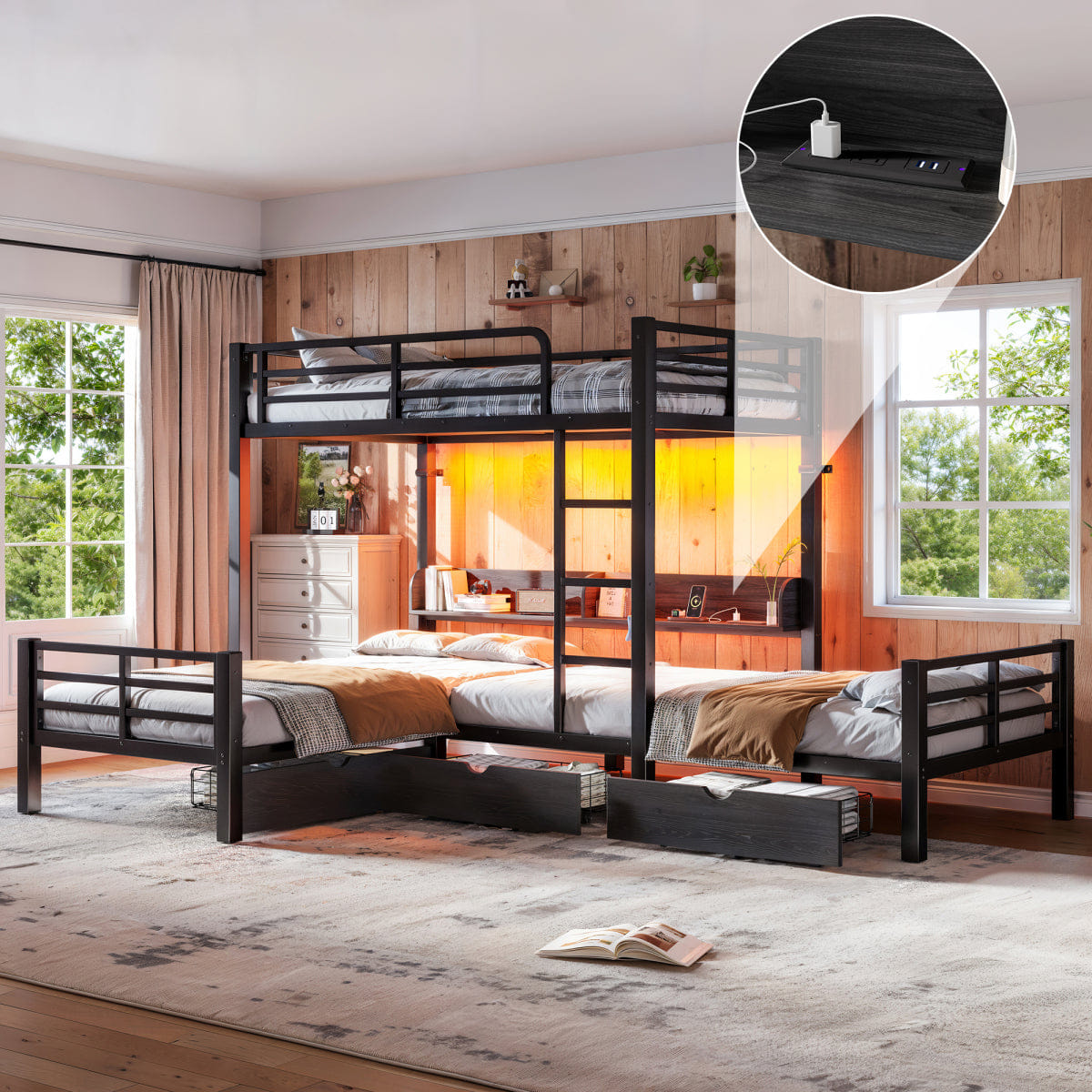 TRIPLE Streamdale Triple Twin L - Shaped Loft Bed with Storage, LED & USB, Black