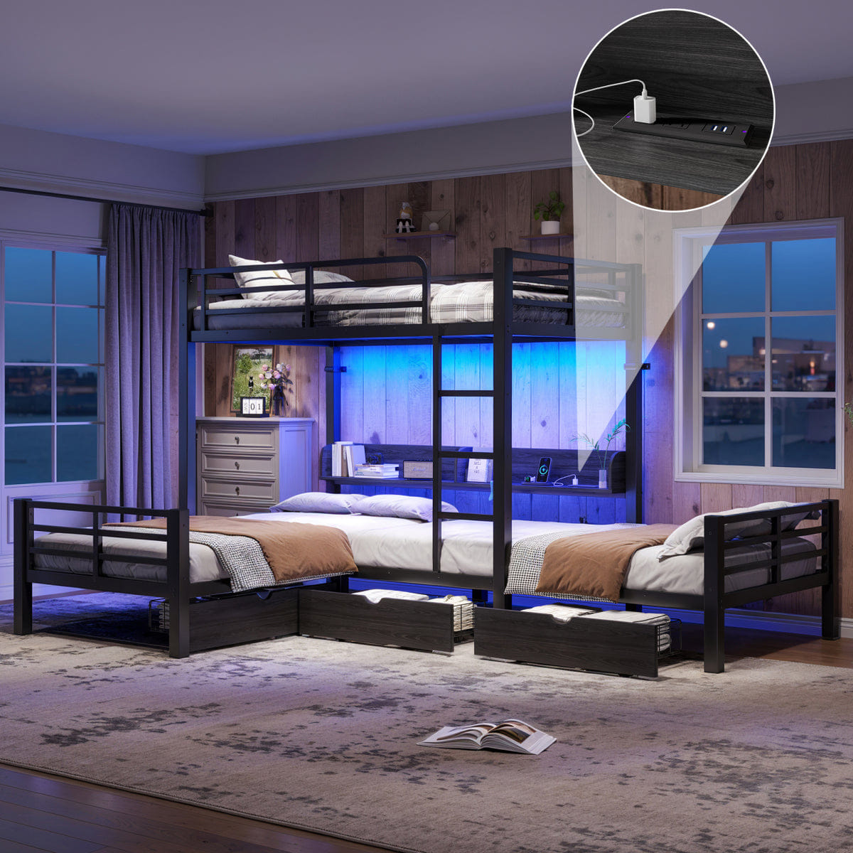 TRIPLE Streamdale Triple Twin L - Shaped Loft Bed with Storage, LED & USB, Black