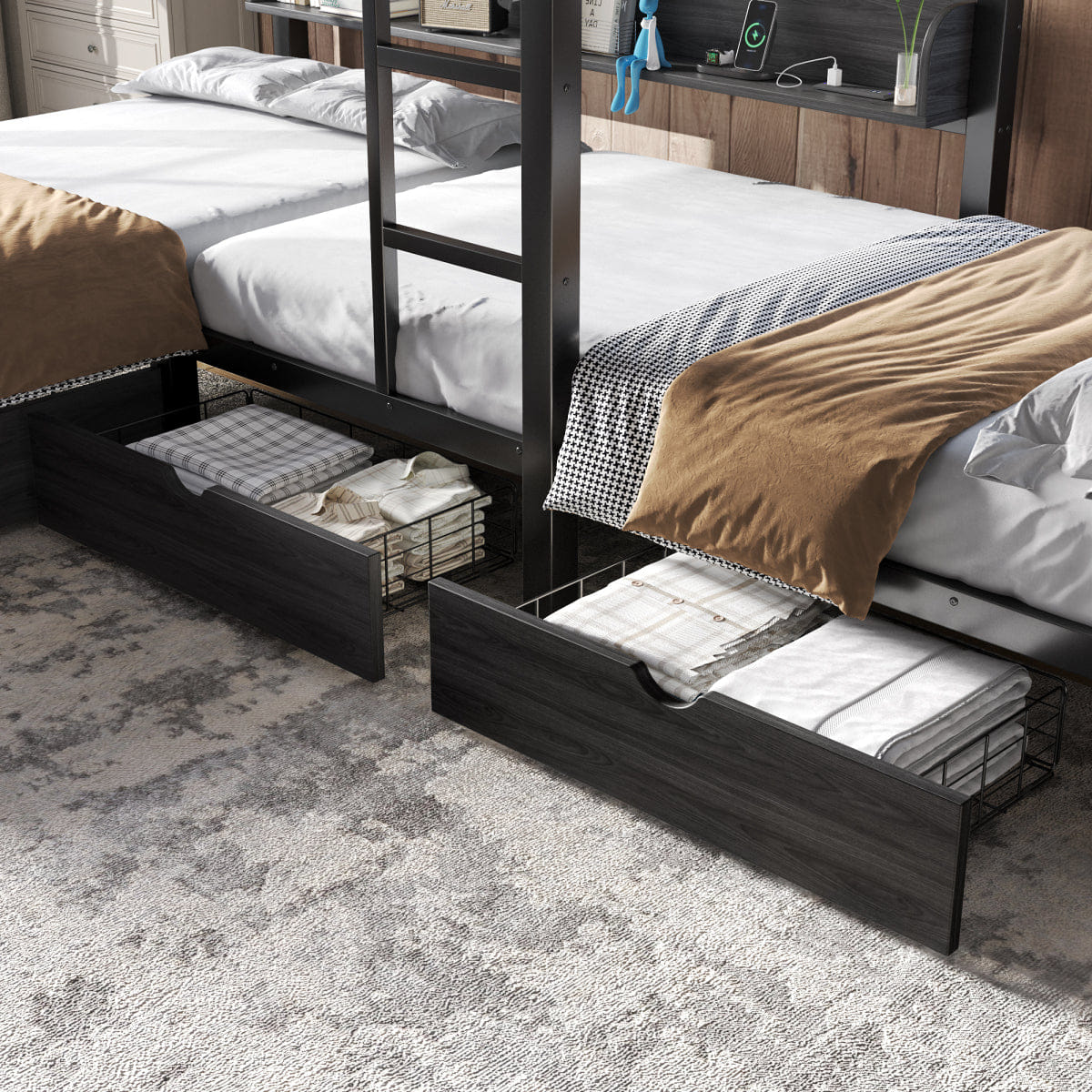 TRIPLE Streamdale Triple Twin L - Shaped Loft Bed with Storage, LED & USB, Black