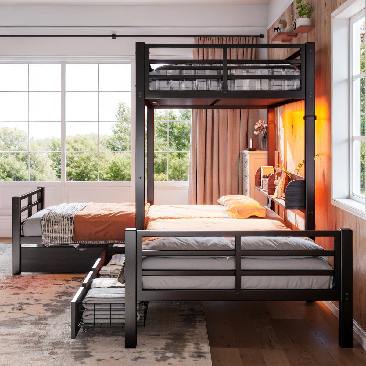 TRIPLE Streamdale Triple Twin L - Shaped Loft Bed with Storage, LED & USB, Black