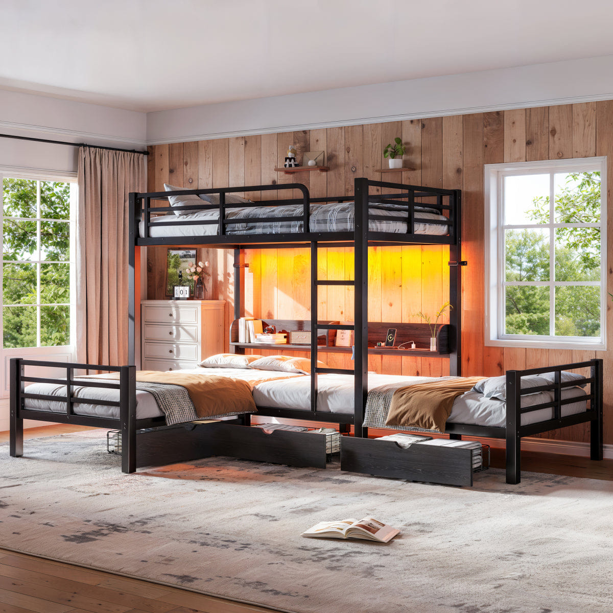 TRIPLE Streamdale Triple Twin L - Shaped Loft Bed with Storage, LED & USB, Black