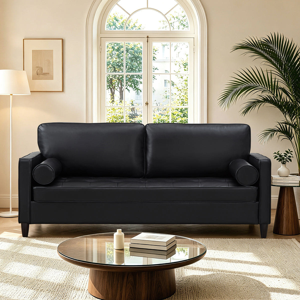 Classic Streamdale Classic Design Faux Leather Tufted Sofa with Wood Legs, Black