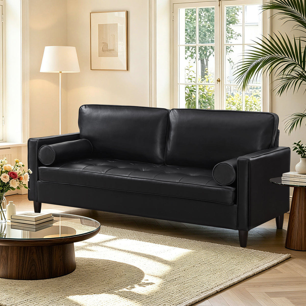 Classic Streamdale Classic Design Faux Leather Tufted Sofa with Wood Legs, Black