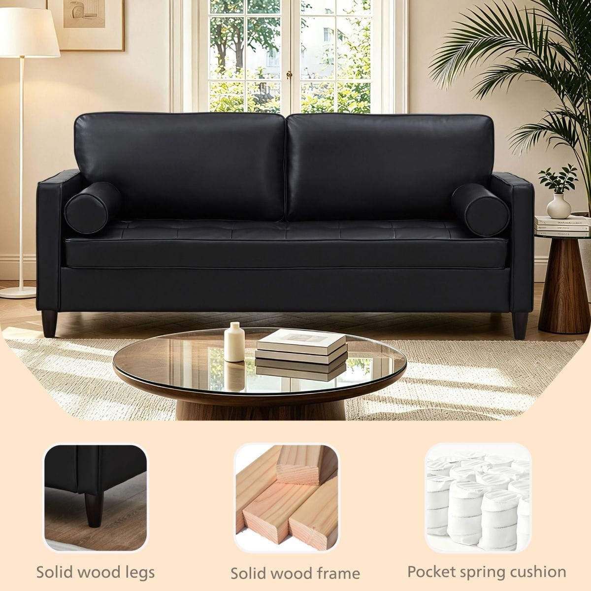 Classic Streamdale Classic Design Faux Leather Tufted Sofa with Wood Legs, Black
