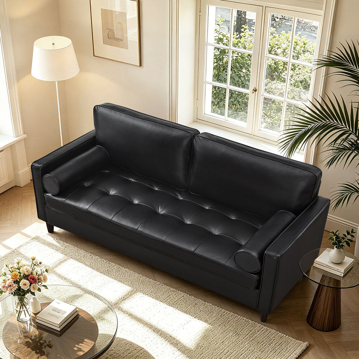 Classic Streamdale Classic Design Faux Leather Tufted Sofa with Wood Legs, Black