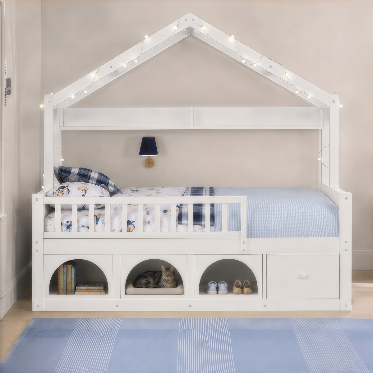 FLOOR Streamdale Kids Montessori Wooden Floor Bed with Roof, LED Lights & Storage Drawers - White