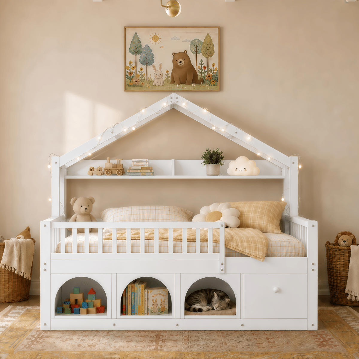 FLOOR Streamdale Kids Montessori Wooden Floor Bed with Roof, LED Lights & Storage Drawers - White