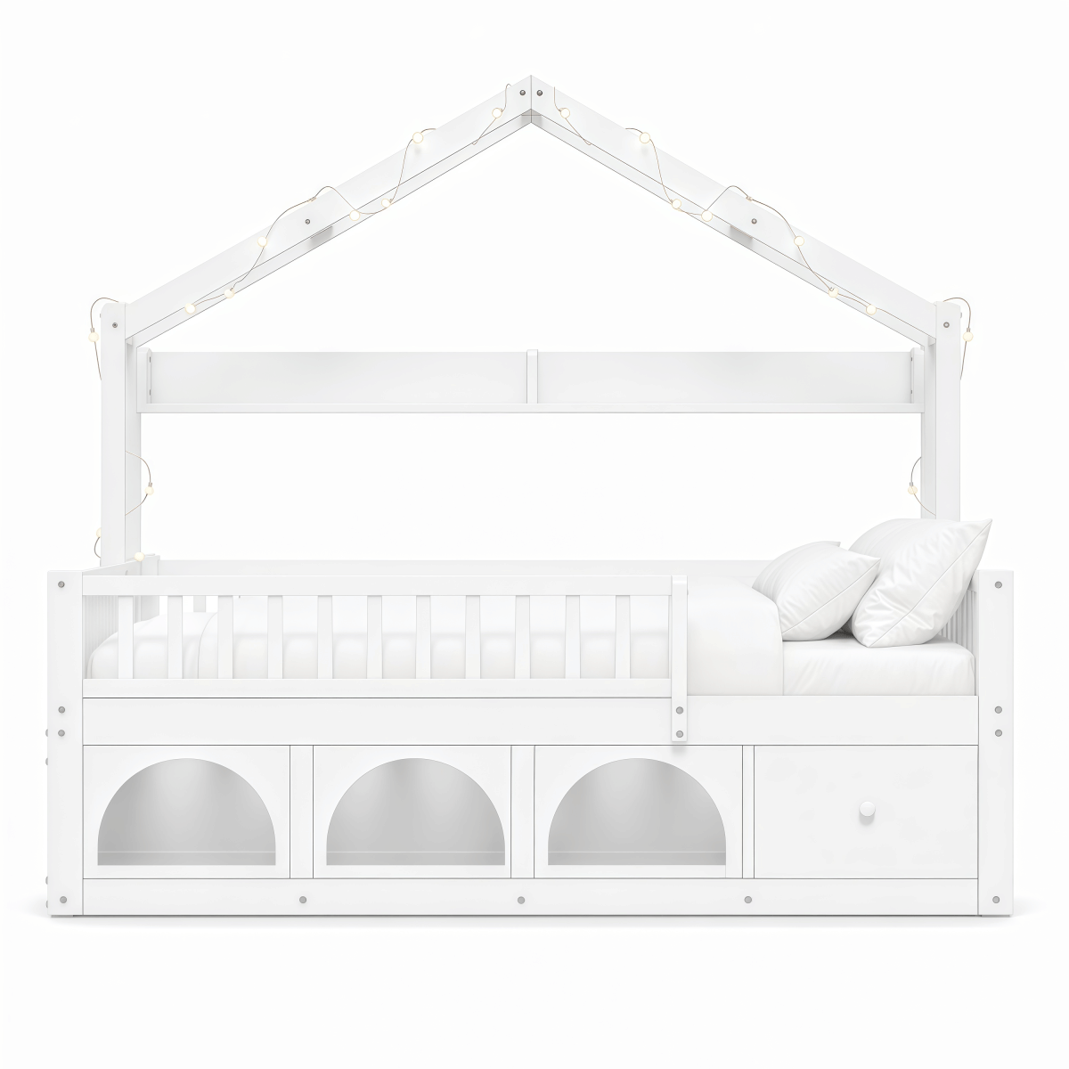 FLOOR Streamdale Kids Montessori Wooden Floor Bed with Roof, LED Lights & Storage Drawers - White