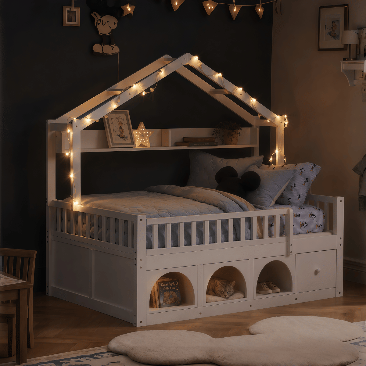 FLOOR Streamdale Kids Montessori Wooden Floor Bed with Roof, LED Lights & Storage Drawers - White