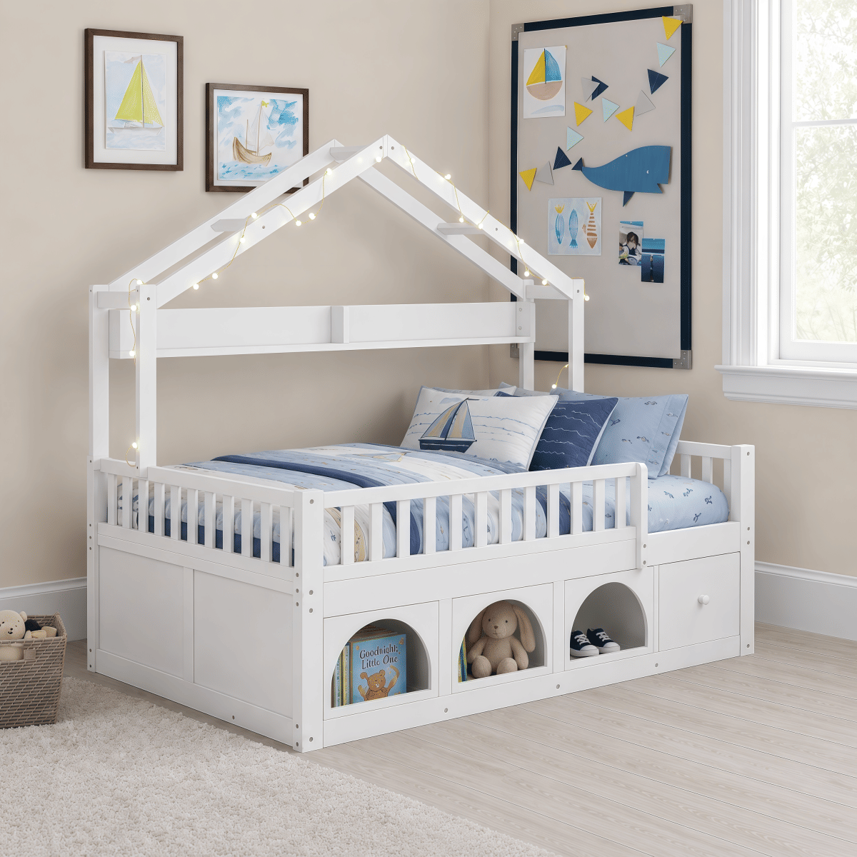 FLOOR Streamdale Kids Montessori Wooden Floor Bed with Roof, LED Lights & Storage Drawers - White