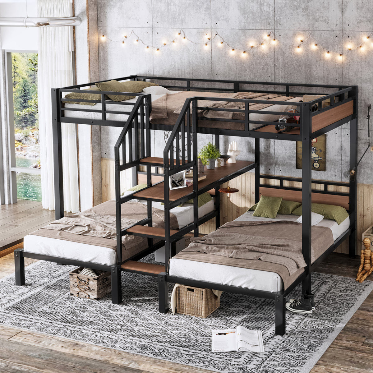 TRIPLE Streamdale Full XL/Twin/Twin Metal Triple Bunk Bed with Storage Stairs and Shelves, Black