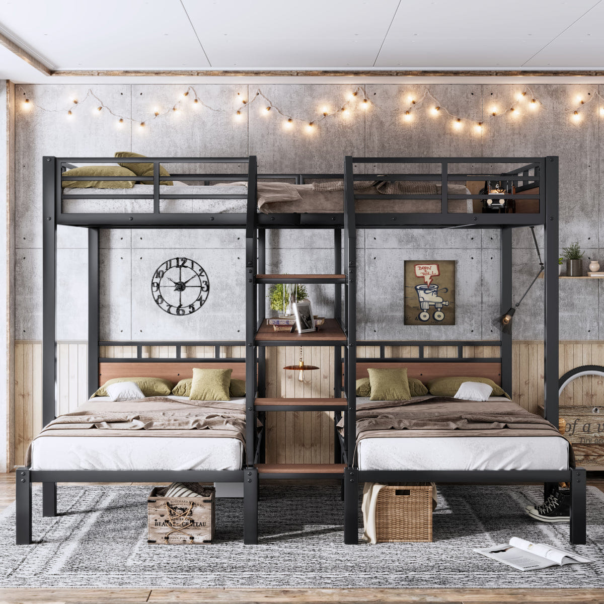 TRIPLE Streamdale Full XL/Twin/Twin Metal Triple Bunk Bed with Storage Stairs and Shelves, Black
