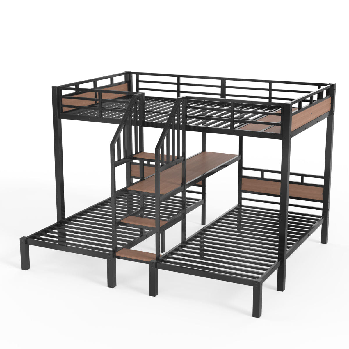 TRIPLE Streamdale Full XL/Twin/Twin Metal Triple Bunk Bed with Storage Stairs and Shelves, Black