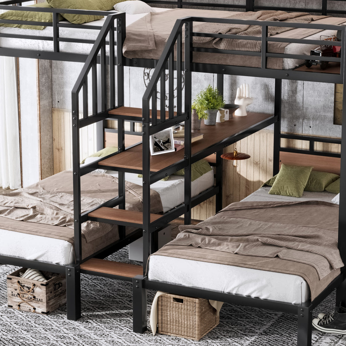 TRIPLE Streamdale Full XL/Twin/Twin Metal Triple Bunk Bed with Storage Stairs and Shelves, Black