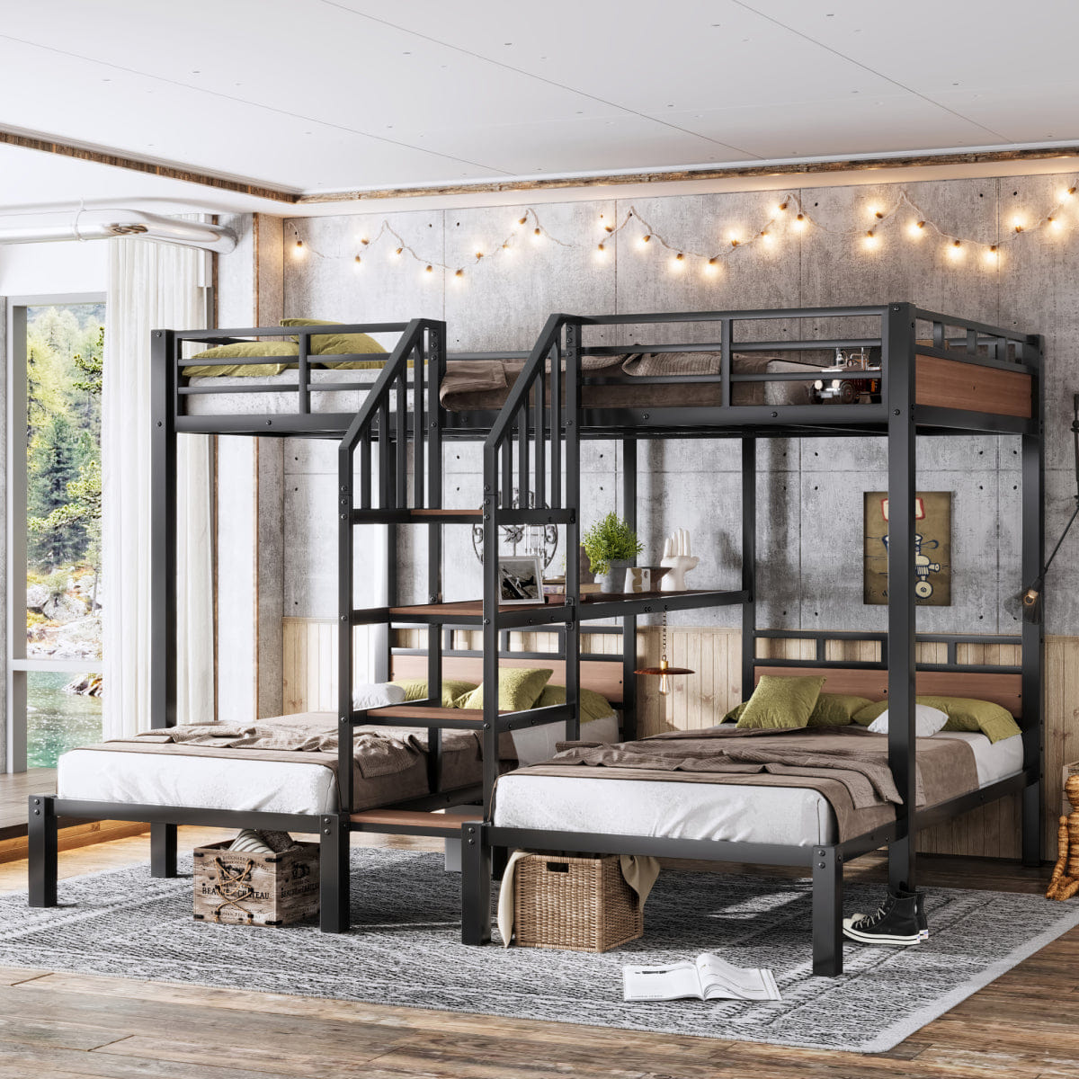TRIPLE Streamdale Full XL/Twin/Twin Metal Triple Bunk Bed with Storage Stairs and Shelves, Black
