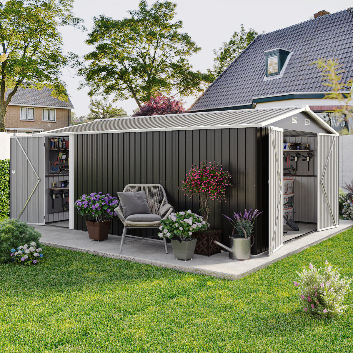 OUTDOOR Streamdale 10x14 FT Metal Outdoor Storage Shed with 3 Lockable Doors, Dark Grey