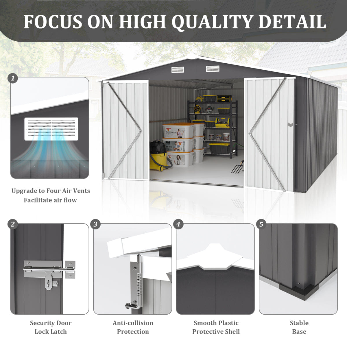 OUTDOOR Streamdale 10x14 FT Metal Outdoor Storage Shed with 3 Lockable Doors, Dark Grey