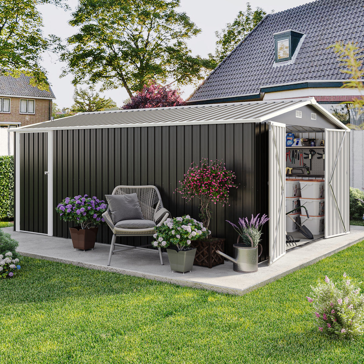 OUTDOOR Streamdale 10x14 FT Metal Outdoor Storage Shed with 3 Lockable Doors, Dark Grey