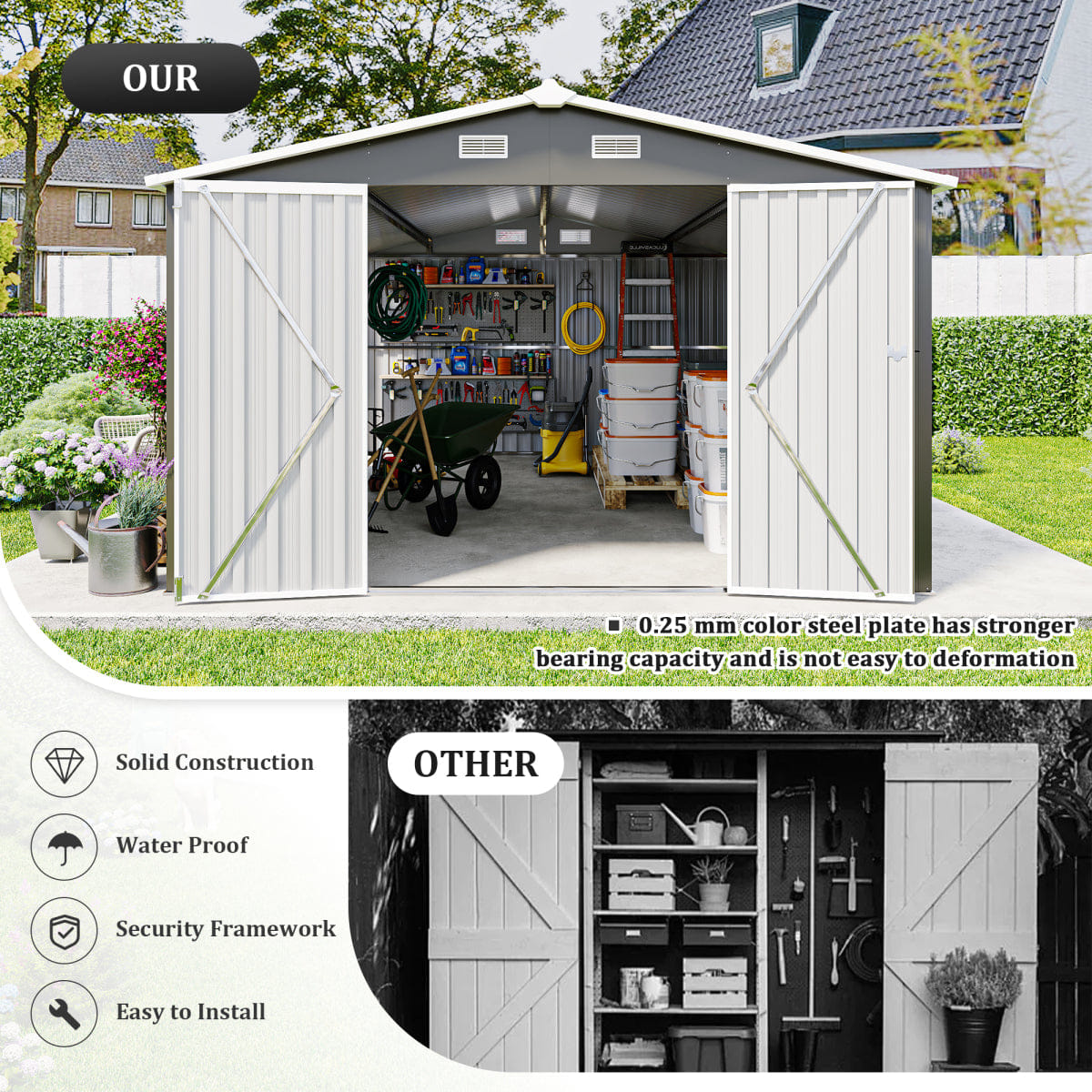 OUTDOOR Streamdale 10x14 FT Metal Outdoor Storage Shed with 3 Lockable Doors, Dark Grey