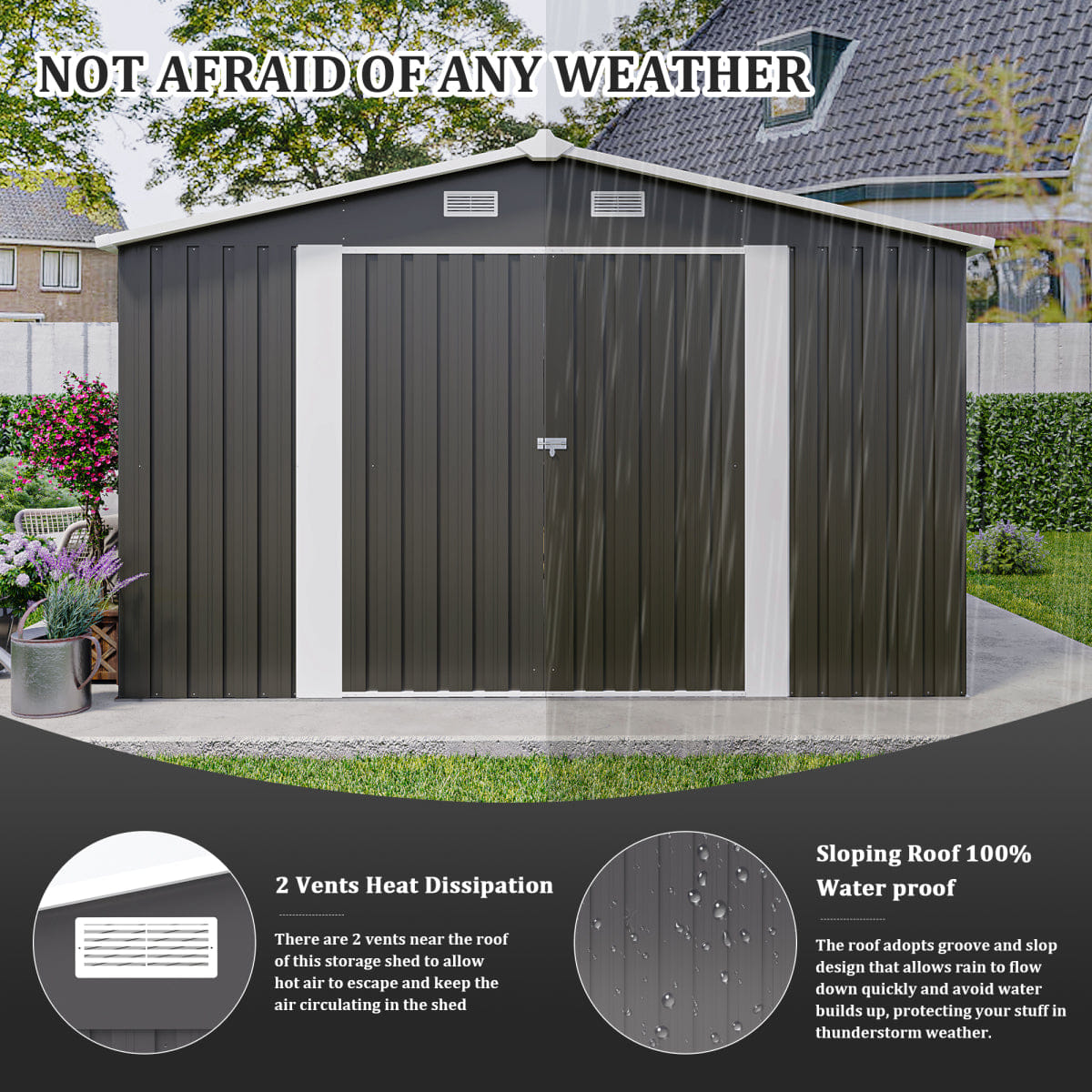OUTDOOR Streamdale 10x14 FT Metal Outdoor Storage Shed with 3 Lockable Doors, Dark Grey