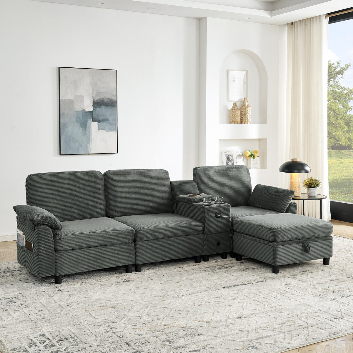 And Streamdale Modern Modular Sectional L - Sofa with Storage and Cup Holders, Dark Gray