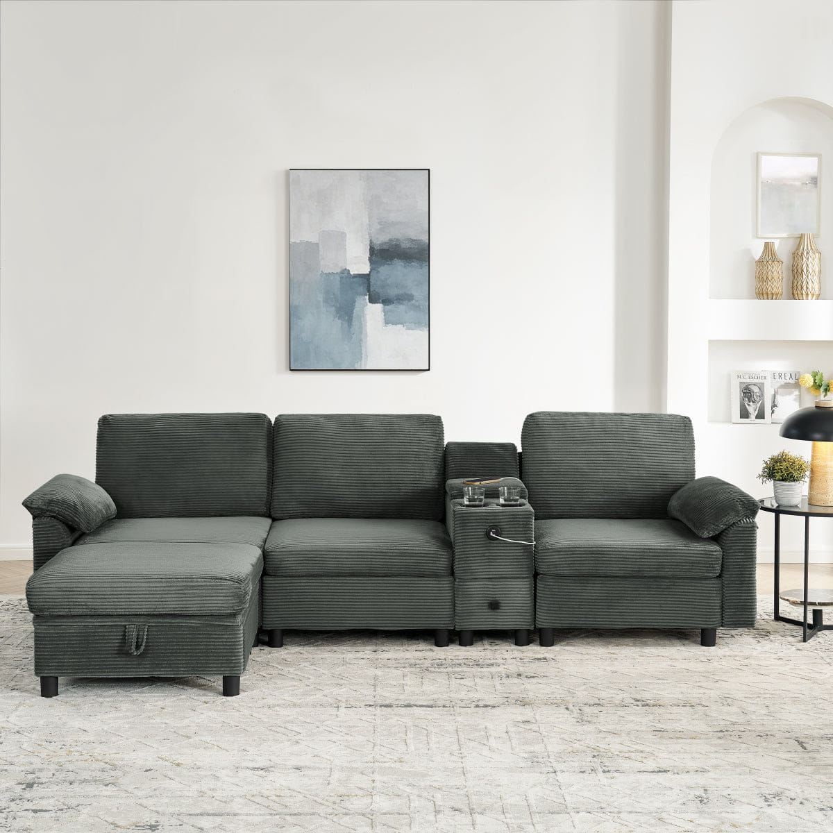 And Streamdale Modern Modular Sectional L - Sofa with Storage and Cup Holders, Dark Gray