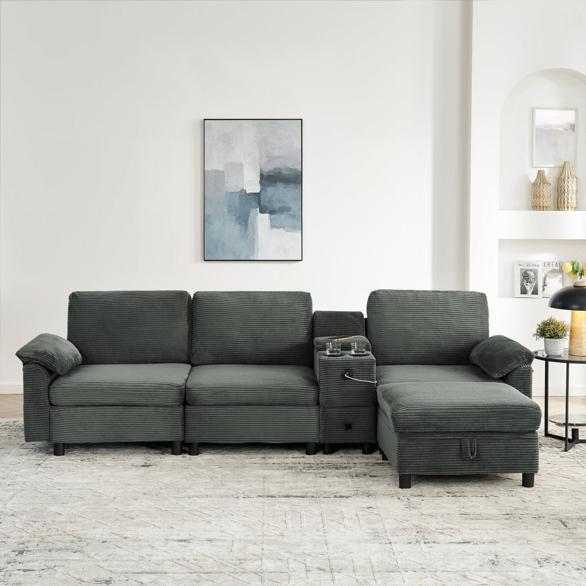 And Streamdale Modern Modular Sectional L - Sofa with Storage and Cup Holders, Dark Gray
