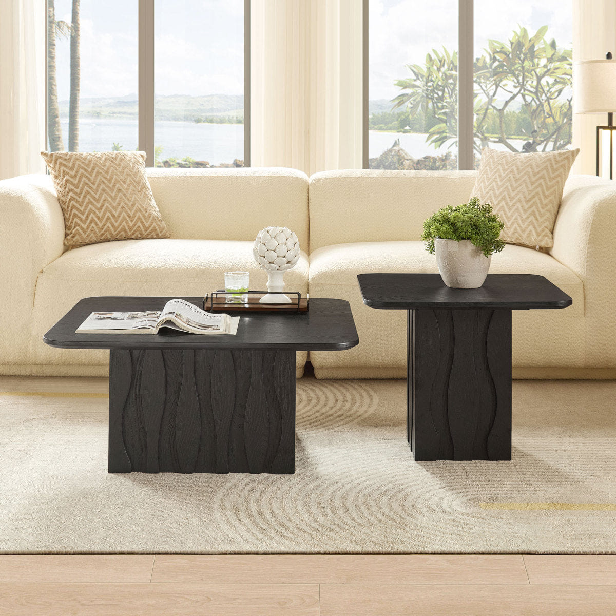 Base Streamdale 2PCS Nesting Square Coffee Table Set with Wavy Fluted Base, Black